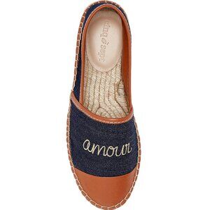 Cinq A Sept Jenna Denim Leather Cognac Espadrille Flats AMOUR 38 7 7.5 Brand NEW